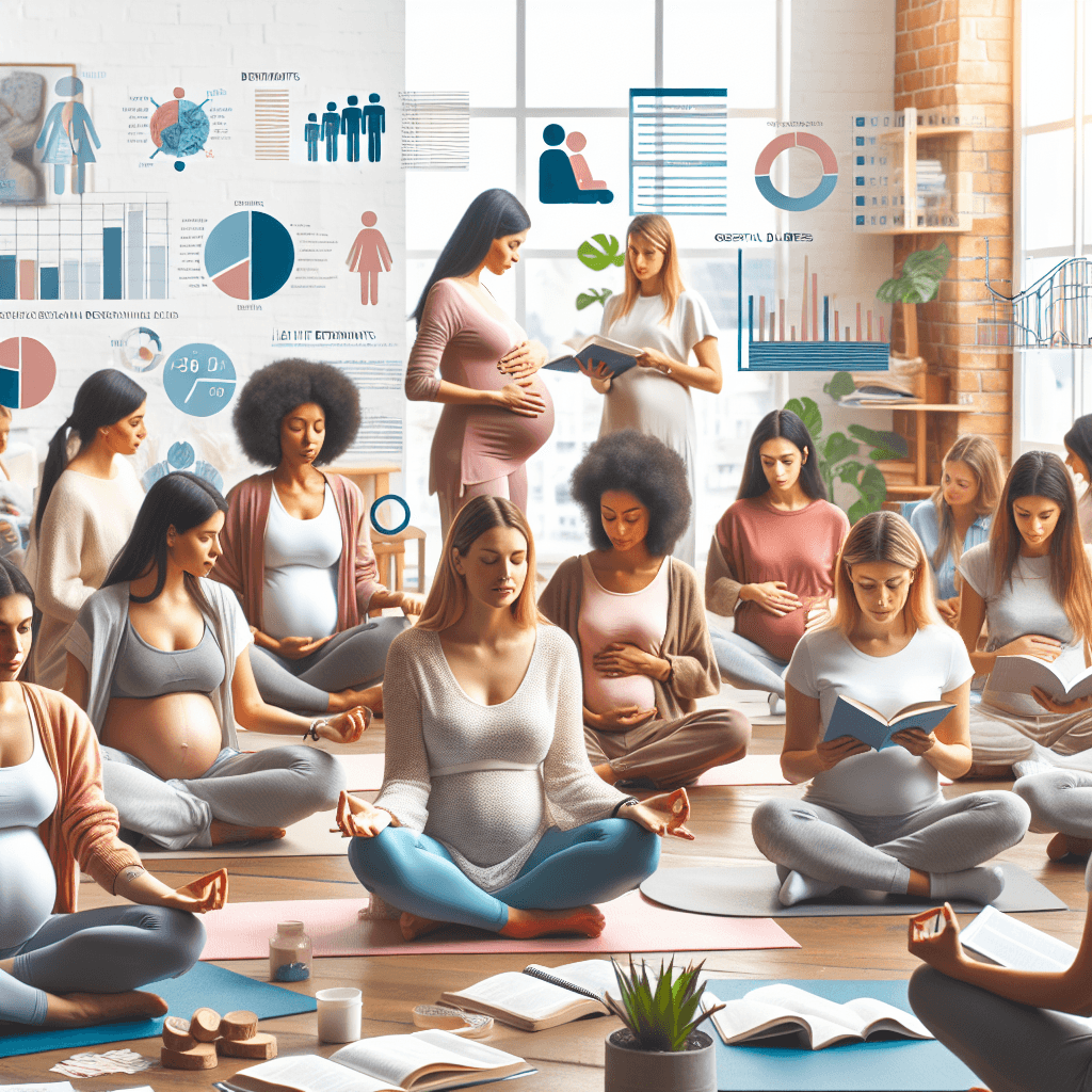 A diverse group of pregnant women engaging in self-care activities, with health data graphics overlayed, representing the study of gestational diabetes determinants.