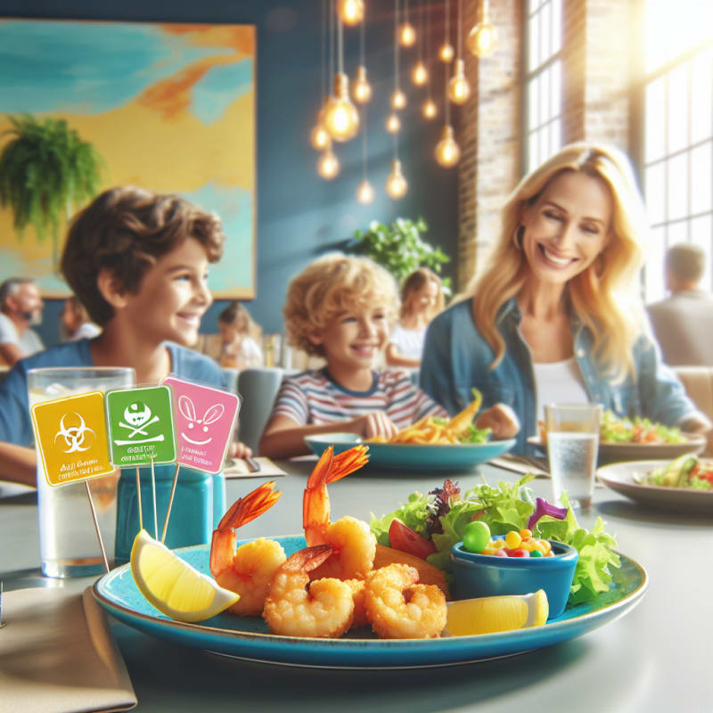 A bright cheerful restaurant table with a plate of golden fried shrimp side salad and lemon wedges soft natural light friendly smiling family in the background vibrant allergy safe food labels visible on nearby dishes