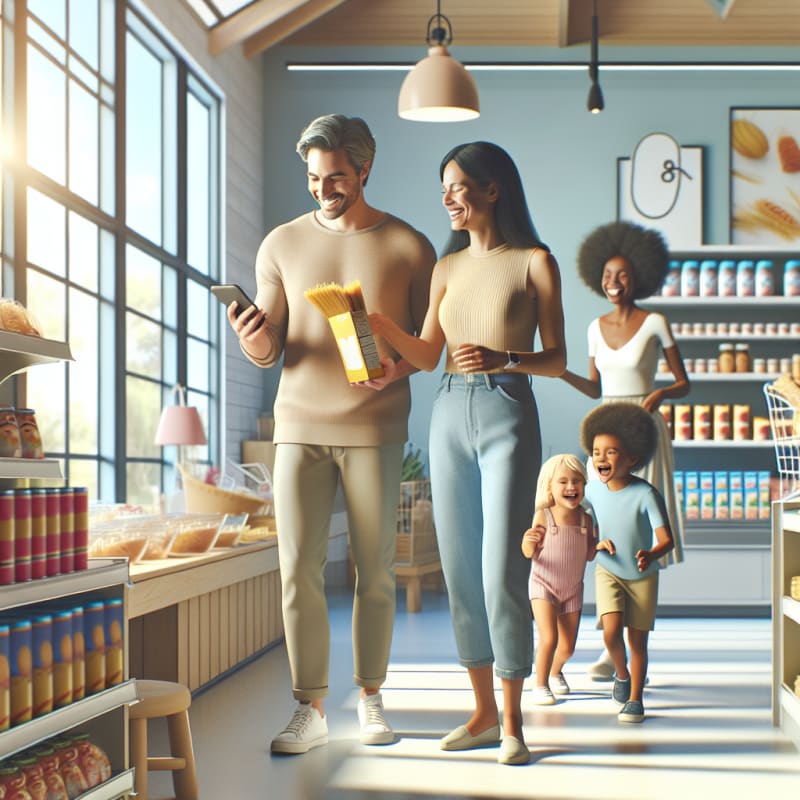 A cozy modern grocery store scene with a diverse family smiling while choosing pasta and snacks a parent scans a pasta box with a cheerful mobile app bright natural sunlight streams in soft pastel colors children laugh nearby feeling safe and empowered the shelves display trending allergy friendly products the atmosphere is warm inviting and full of hope