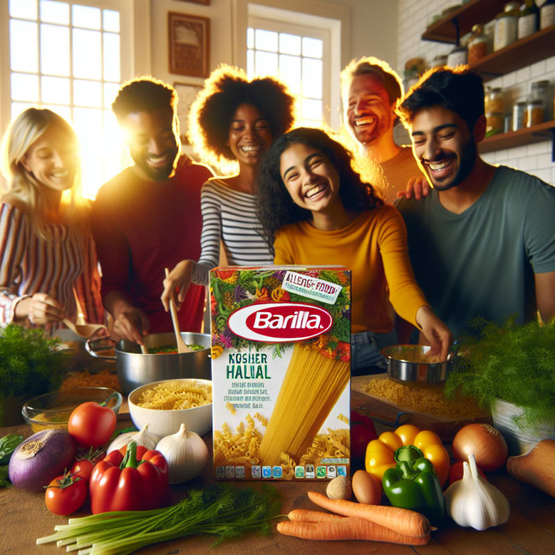 A bright sunlit kitchen counter with a colorful box of Barilla pasta fresh herbs and vibrant vegetables nearby clear allergy-friendly and kosher halal food symbols smiling diverse family preparing a meal together hopeful positive atmosphere