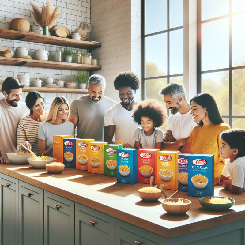 A bright kitchen scene with a cheerful diverse family reading pasta packaging together vibrant Barilla pasta boxes on a counter clear allergy and kosher halal symbols visible hopeful sunlight streaming in modern natural setting