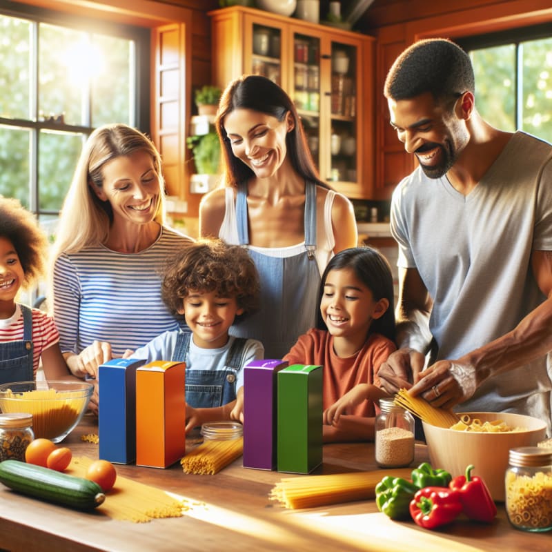 A bright family kitchen with colorful pasta boxes on the counter hands holding ingredient labels smiling parents and kids checking allergy-safe symbols sunlight streaming in a welcoming window