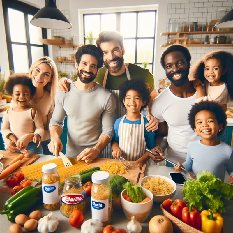 A cheerful kitchen scene with a diverse family preparing Barilla pasta bright natural light fresh colorful vegetables food safety labels visible happy faces modern mobile phone scanning ingredients hopeful atmosphere