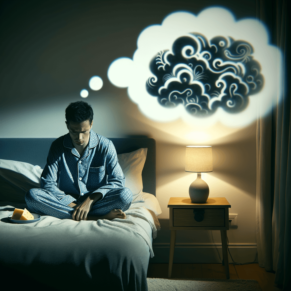 A person in pajamas looking worried in bed, with a plate of cheese on the nightstand, and a shadowy dream cloud above their head.