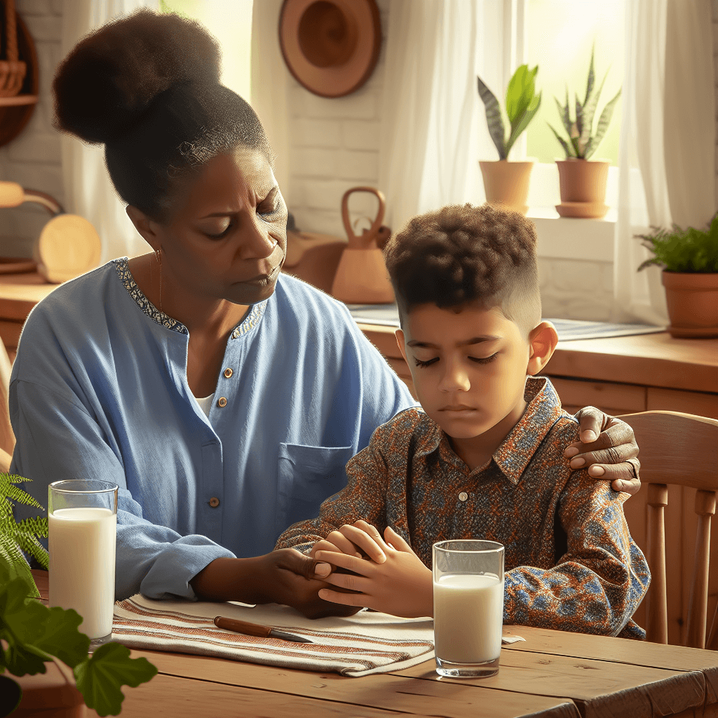 A concerned parent comforting a young boy with visible allergy symptoms, holding a glass of milk, set in a home kitchen with a soft, natural light.
