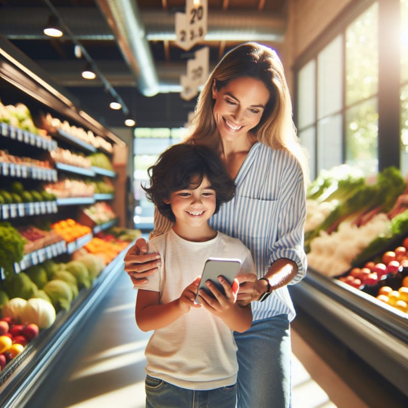 A smiling parent and child at a bright modern grocery store holding a smartphone scanning a gluten-free food label with vibrant fresh produce nearby soft sunlight and inviting atmosphere