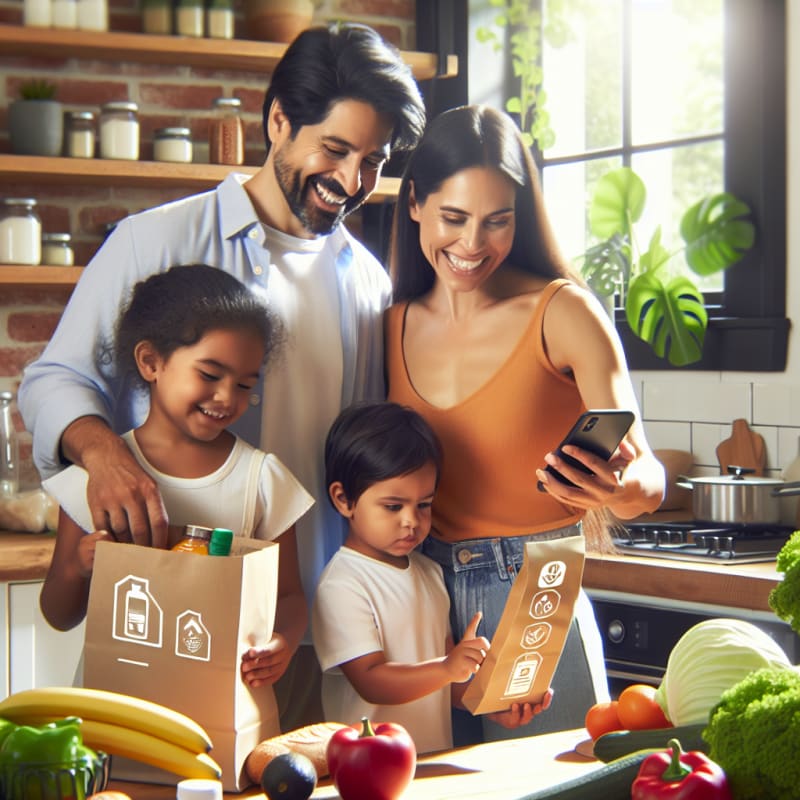 Bright cheerful kitchen scene with diverse family using a smartphone to scan grocery ingredients smiling modern packaging with clear allergy safety icons sunlit space green plants healthy food items friendly atmosphere
