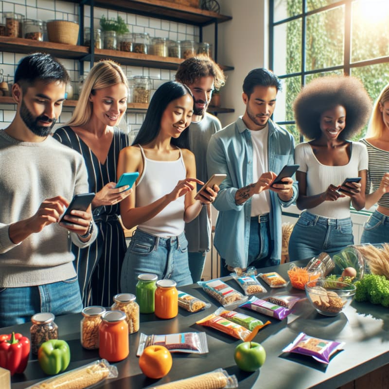 A bright modern kitchen with a diverse group of people using smartphones to scan colorful food packages cheerful atmosphere with sunlight streaming in healthy snacks on the counter clear food labels