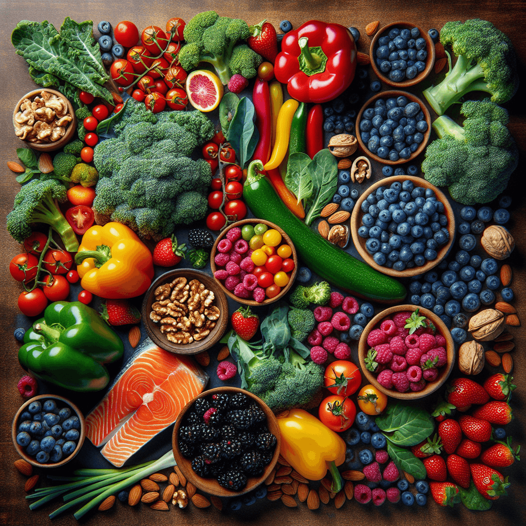 A vibrant flat lay of colorful fresh vegetables, berries, nuts, and salmon on a wooden table, representing healthy anti-inflammatory foods.