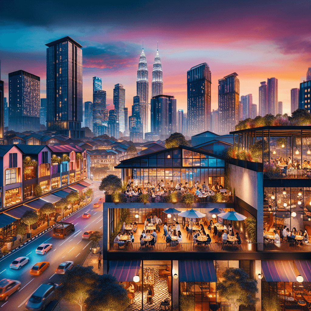 A vibrant cityscape of Kuala Lumpur and Petaling Jaya at dusk, featuring trendy restaurants with stylish interiors and diverse cuisine.