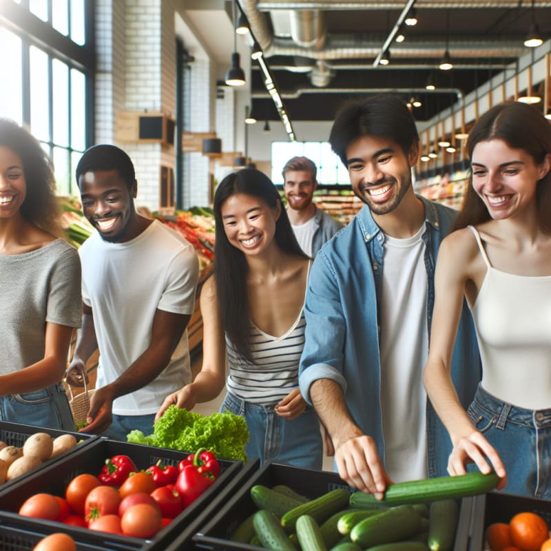 A cheerful diverse group of young adults shopping in a bright modern grocery store choosing fresh colorful vegetables and reading food labels with sunshine streaming through large windows symbolizing hope and healthy choices