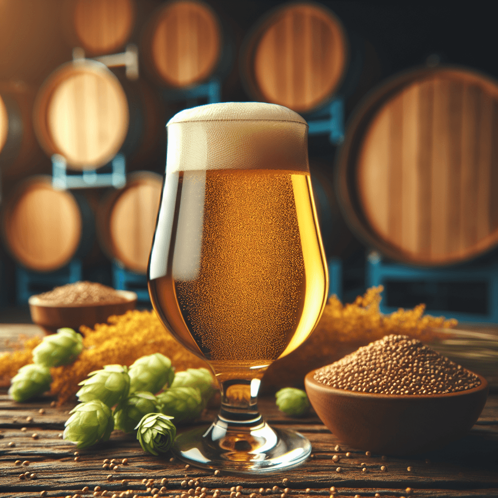 A vibrant glass of golden quinoa beer with a foamy head on a rustic wooden table, surrounded by fresh quinoa grains and hops, capturing a modern, gluten-free craft vibe.
