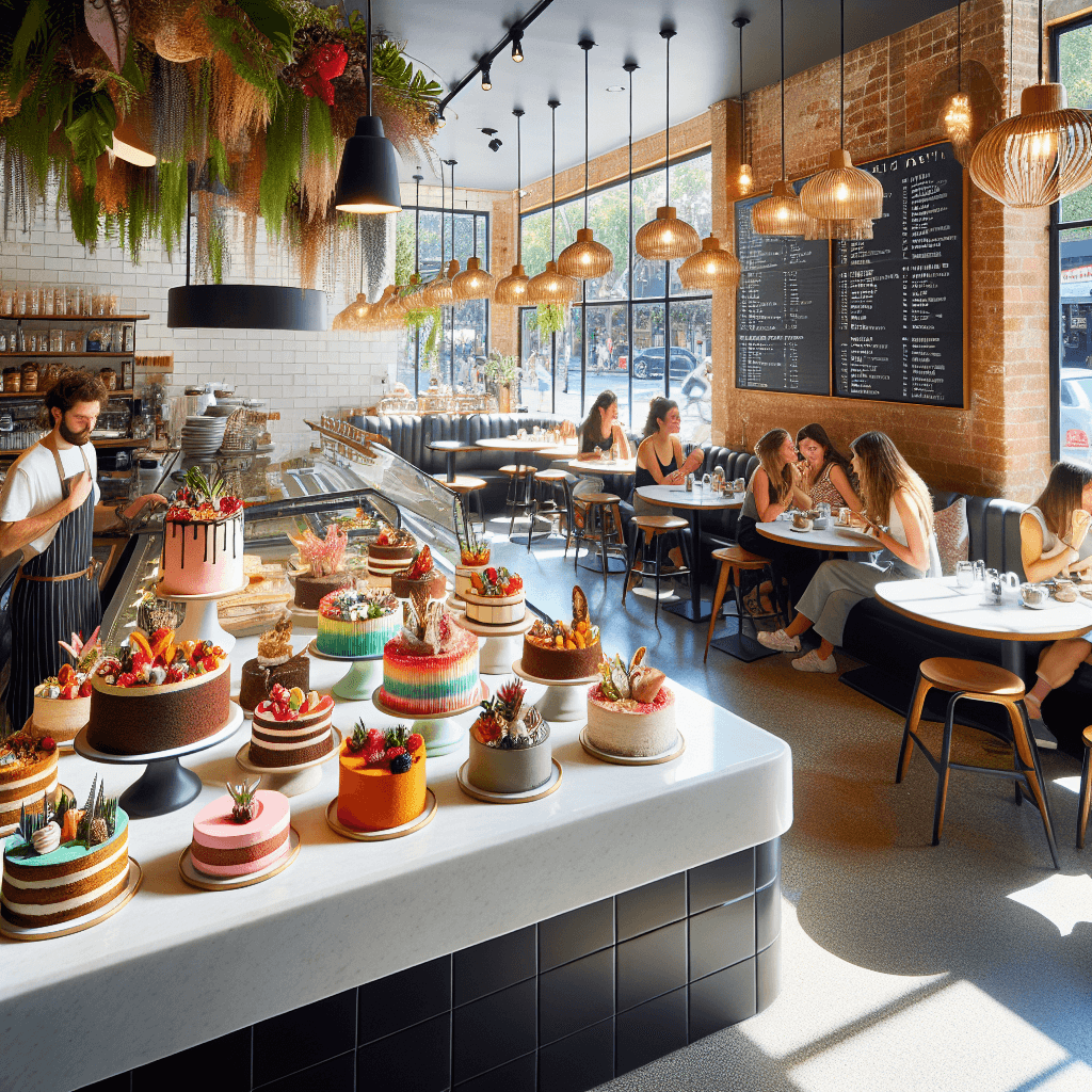 A vibrant display of vegan and gluten-free cakes in a stylish Melbourne café, surrounded by happy customers enjoying desserts.