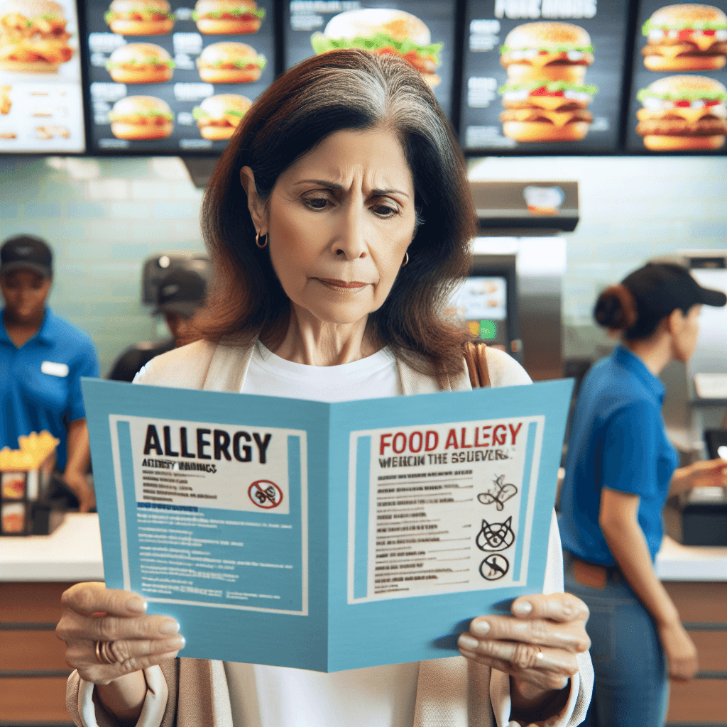 A concerned customer with a peanut allergy checks a Burger King menu, highlighting food allergy awareness in a fast-food restaurant setting.