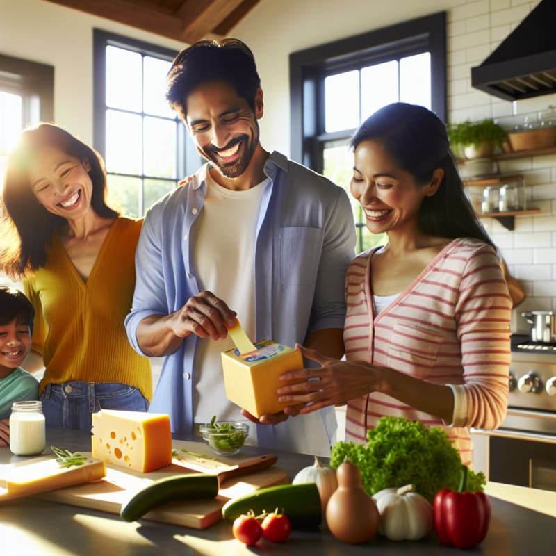 A bright kitchen scene with a smiling family reading cheese ingredient labels together natural sunlight streaming in fresh vegetables on the counter friendly atmosphere allergy and safety icons subtly featured
