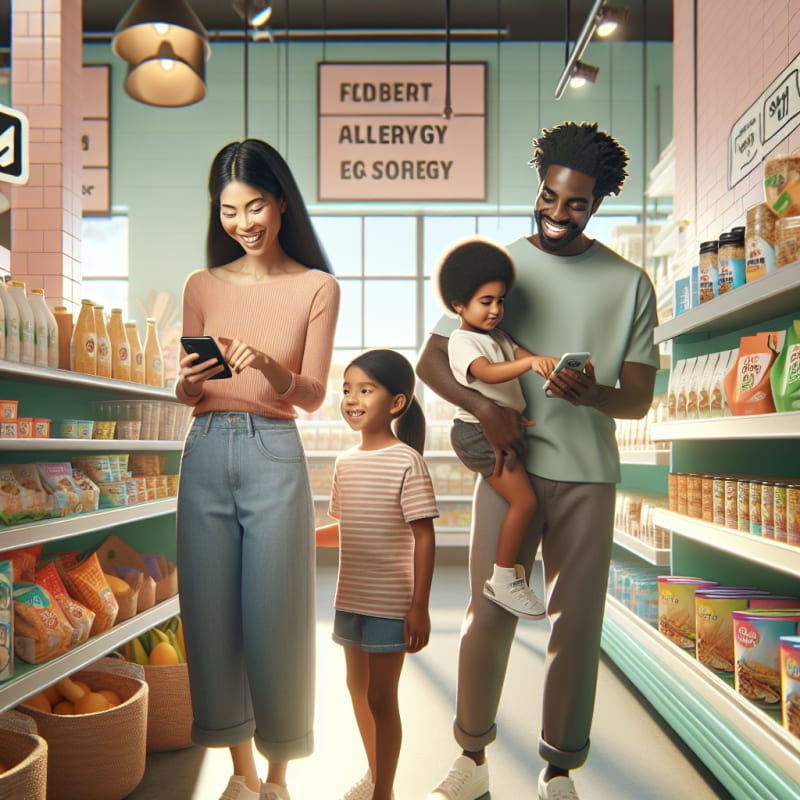 A bright modern grocery store scene with smiling parents and children using a mobile app to scan snack and beverage labels shelves filled with trending allergy safe products natural sunlight soft pastel colors friendly atmosphere conveying empowerment and safety