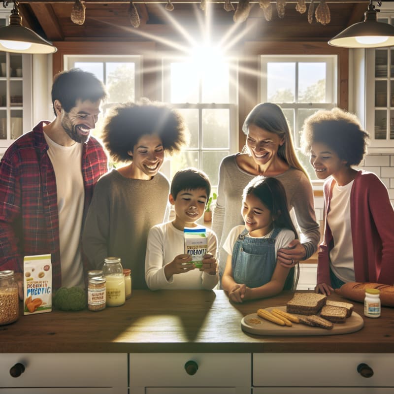 Bright kitchen scene with a diverse family reading a probiotic drink label sunlight streaming through window cheerful faces allergy-friendly food packages visible on counter optimistic mood