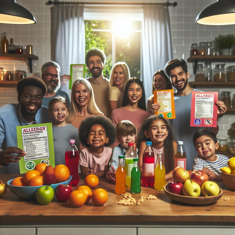 A cheerful kitchen scene with a diverse group of smiling children and parents reading colorful soda ingredient labels bright lighting fresh fruit on the counter allergy safety icons nearby