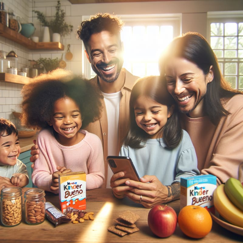 Bright friendly scene of a smiling family in a sunlit kitchen children happily reading a Kinder Bueno label with a smartphone food safety app like Food Scan Genius nearby healthy snacks on the counter soft pastel colors natural daylight warm and empowering atmosphere