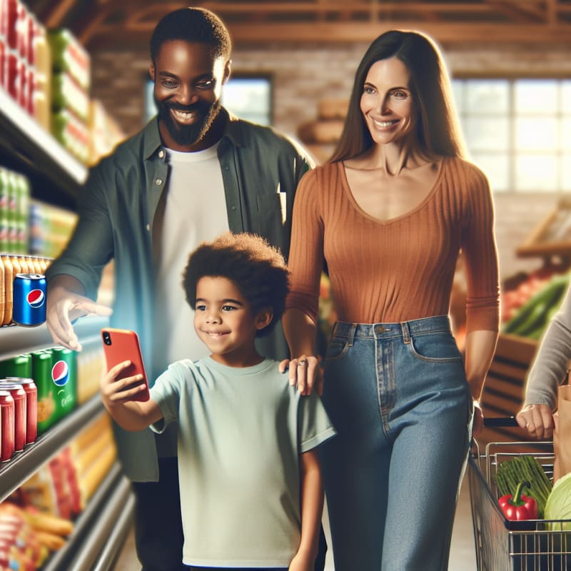 A bright cheerful scene of a diverse family shopping in a modern grocery store with soft natural lighting a smiling child scans a colorful Pepsi can using a food safety app on a smartphone while a parent looks on approvingly shelves are stocked with healthy snacks and allergy friendly options the atmosphere is hopeful and warm conveying empowerment and safe choices