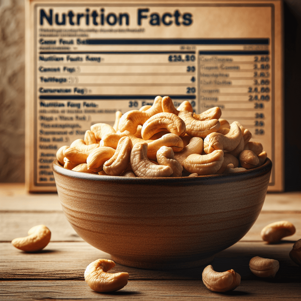 A close-up of a bowl of cashews on a wooden table, highlighting their rich texture and golden color, with a nutrition facts label in the background.