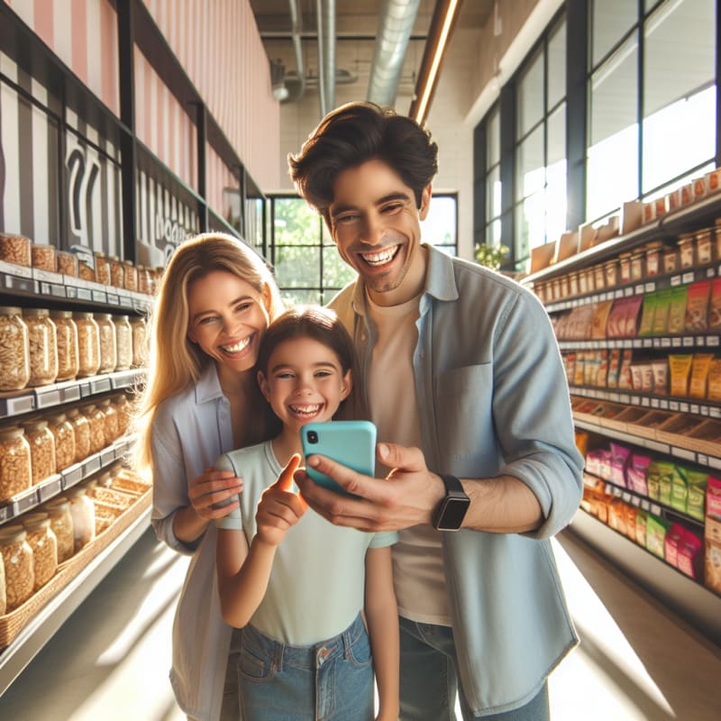 A cheerful family shopping in a bright modern grocery store natural sunlight streams through large windows as a parent and child smile while scanning a nut product label with a smartphone the shelves display trendy healthy snacks and allergy safe foods soft pastel colors create a warm inviting atmosphere