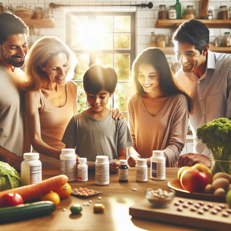 A bright kitchen scene with a diverse happy family reviewing medicine labels together soft natural lighting healthy foods and allergy-safe products on the counter warm hopeful atmosphere