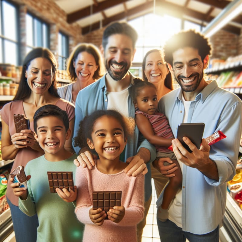 A bright grocery store scene with diverse families smiling while shopping for snacks children holding safe chocolate treats parents using a smartphone app to scan product labels warm natural sunlight streams in soft pastel colors create a hopeful atmosphere everyone looks empowered and confident making healthy food choices