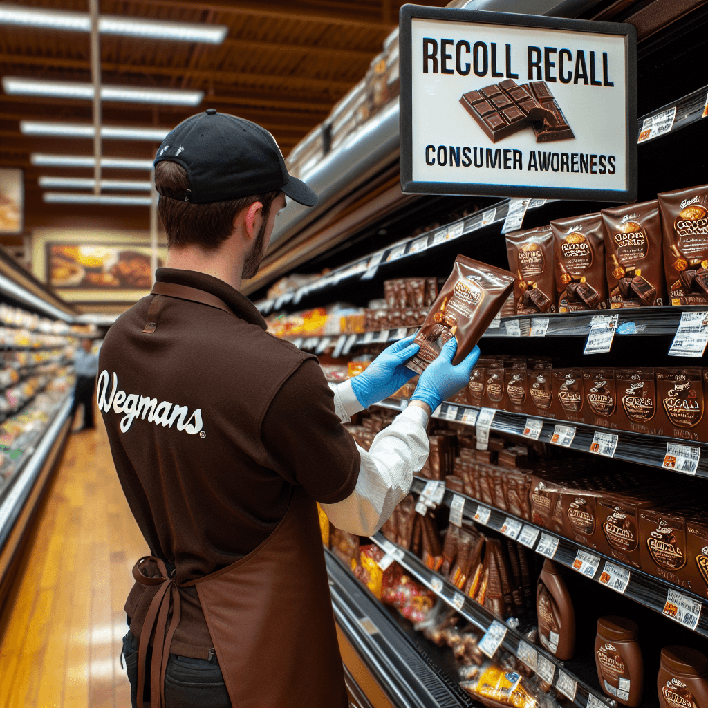 A shelf at a New Jersey Wegmans store with chocolate products being removed by a store employee, featuring recall signage for consumer awareness.