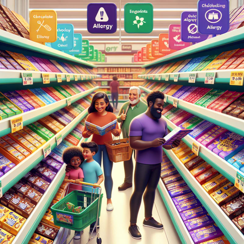 A bright friendly grocery store aisle with colorful chocolate bars displayed clear allergy warning labels diverse shoppers with happy children checking ingredients cheerful lighting hopeful atmosphere