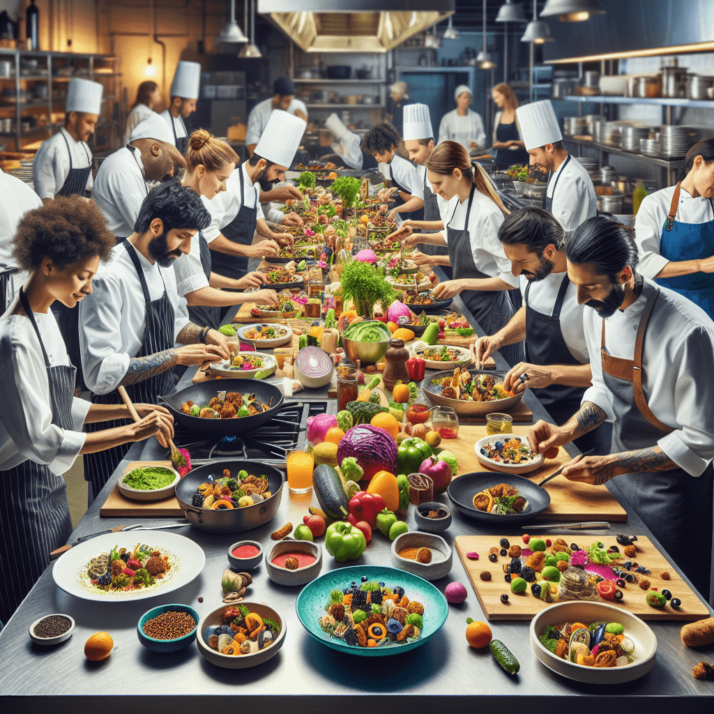 A vibrant Columbia, Missouri restaurant kitchen with chefs plating colorful vegan dishes for a lively food competition.