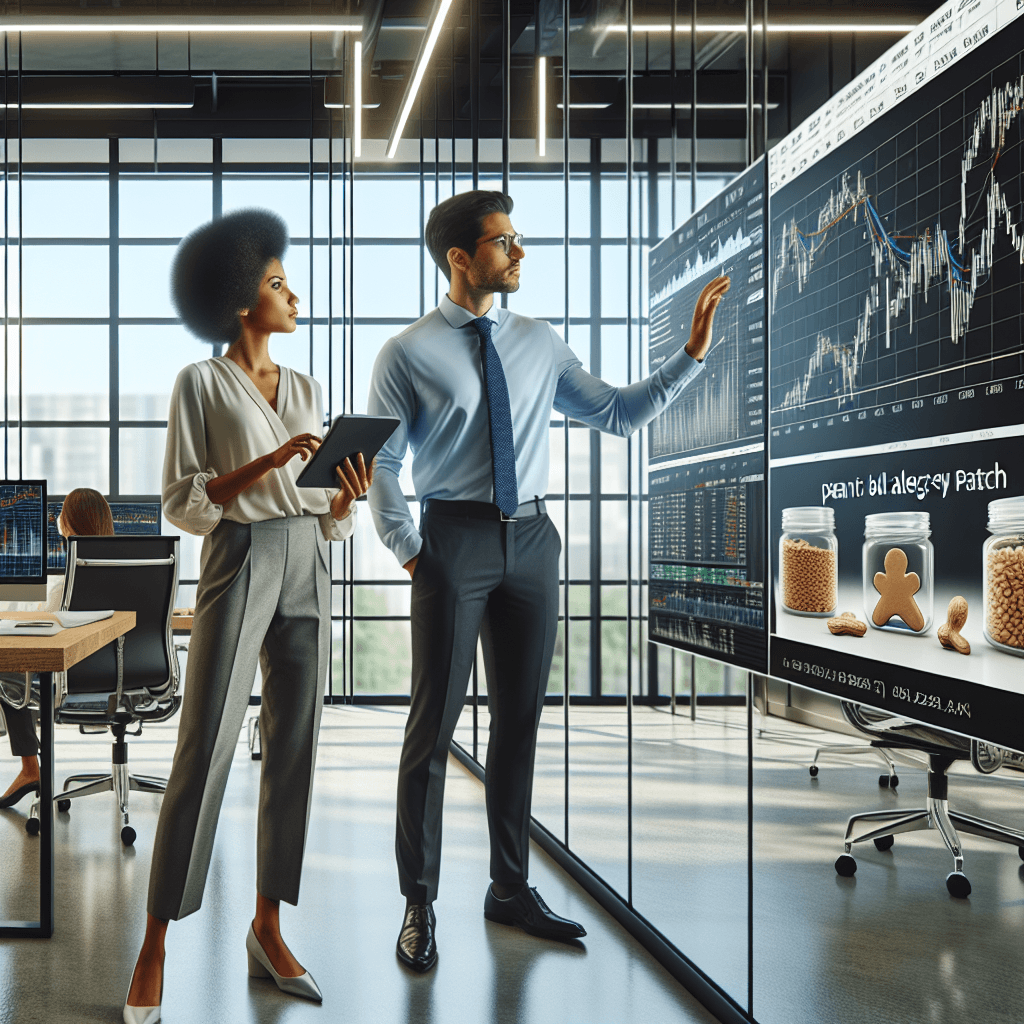 A business analyst reviews DBV Technologies’ stock chart and peanut allergy patch product, highlighting growth potential in a modern office setting.