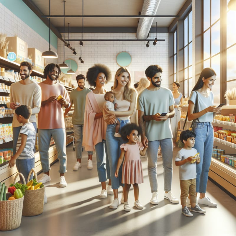 A bright and airy modern grocery store with diverse parents and children smiling while shopping for allergy-friendly snacks sunlight streaming through large windows everyone engaged with mobile apps scanning product labels shelves stocked with trending allergy-safe foods soft pastel colors create a sense of warmth safety and empowerment
