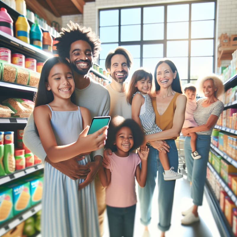 A bright airy grocery store scene with diverse parents and children smiling as they use a modern mobile app to scan snack labels shelves filled with colorful allergy-friendly and kosher products sunlight streaming in soft pastel colors creating a hopeful empowering atmosphere
