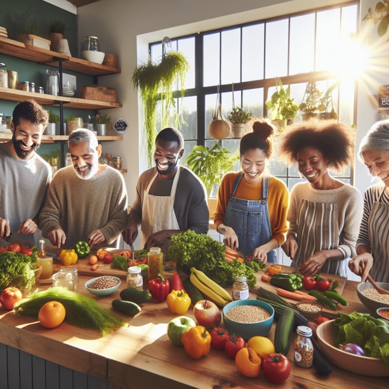 Bright kitchen scene with diverse group of people preparing colorful fresh produce leafy greens whole grains and legumes on wooden counter with sunlight streaming in smiling faces and allergy-friendly food labels visible