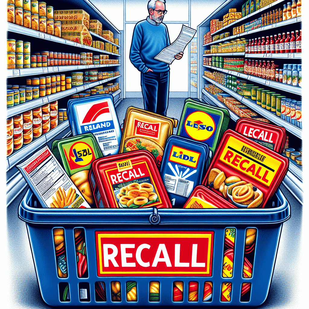 A shopping basket filled with packaged food items from Aldi, Lidl, Tesco, and Iceland, with bold red recall warning labels and a concerned shopper checking a list.