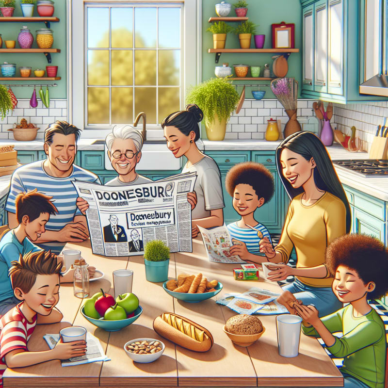 A bright cheerful kitchen scene featuring a diverse family reading a newspaper with a Doonesbury comic strip visible happy children at the table allergy friendly snacks colorful food packaging clear ingredient labels sunlight streaming through a window