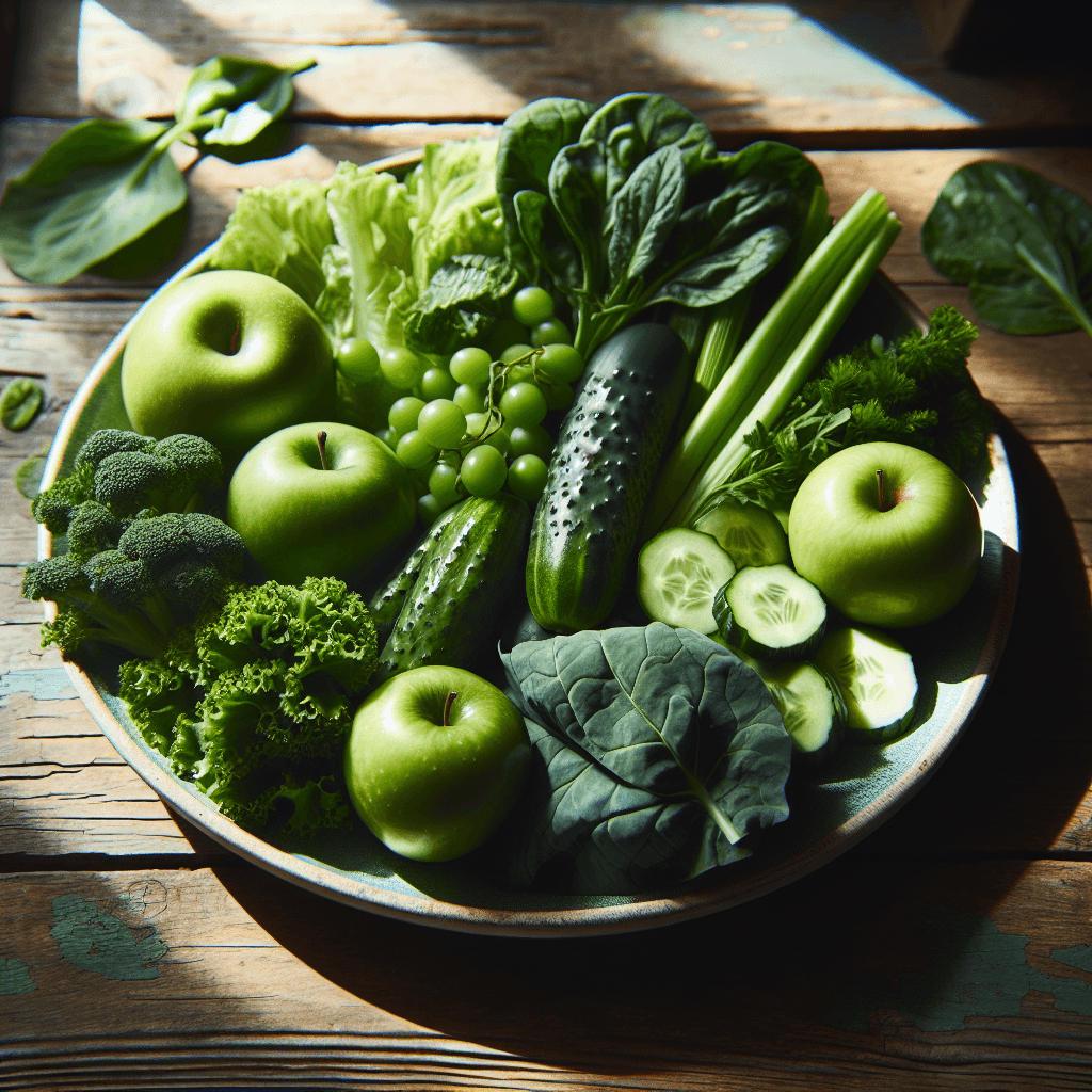A vibrant plate of fresh green vegetables and fruits on a rustic wooden table, with natural light highlighting their freshness and color.