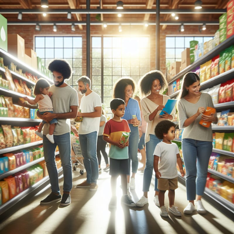 A bright cheerful supermarket aisle with diverse shoppers examining colorful plant-based food packages featuring clear allergy-safe labels sunlight streaming through windows friendly staff assisting families young children holding healthy snacks