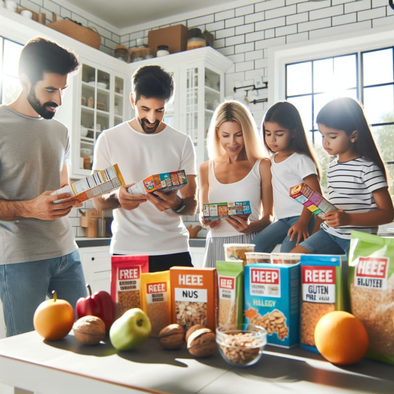 Bright modern kitchen scene with diverse family reading food labels on colorful packaged groceries sunlight streaming in healthy snacks allergy safe products in foreground cheerful hopeful atmosphere