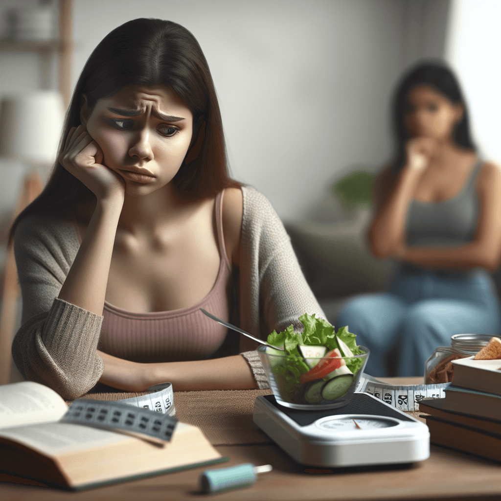 A worried young woman sitting at a table with a tiny salad, surrounded by diet books and a scale, highlighting the stress of extreme dieting.