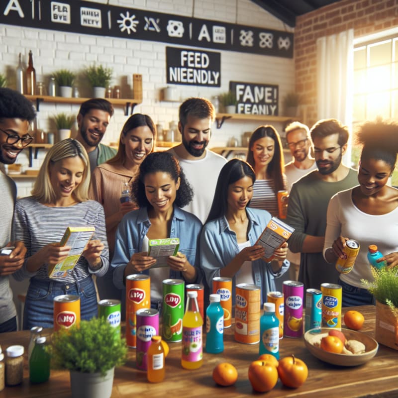 A cheerful kitchen scene with diverse people checking colorful canned drinks and reading food labels bright lighting inviting atmosphere allergy friendly snacks and a sense of safety and community