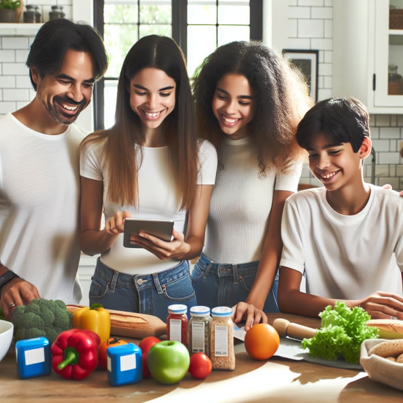 A cheerful family in a bright modern kitchen reading food labels together vibrant grocery items on the table allergy safe meal prep tools visible soft sunlight streaming in