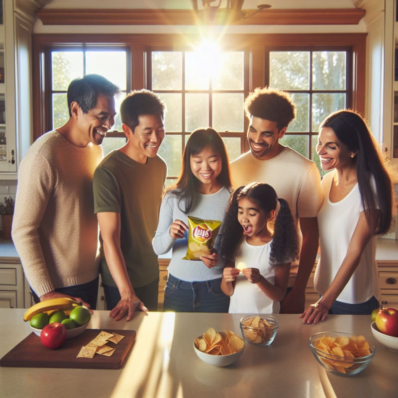 A bright friendly kitchen with a diverse family reading a potato chip label together sunlight streaming in healthy snacks and allergy alert icons on the counter