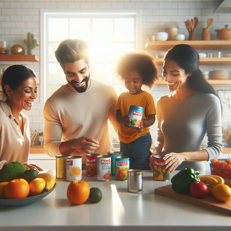 A bright modern kitchen scene with a cheerful diverse family reading canned food labels sunny lighting healthy foods on the counter and a child smiling with a parent showing a can labeled recall in bold friendly colors