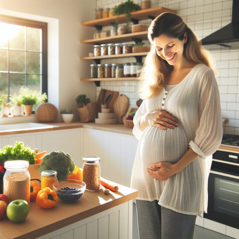 A hopeful mother gently holding her belly in a sunlit modern kitchen with colorful allergy-safe foods on the counter bright fresh produce and clear ingredient labels visible calm joyful atmosphere