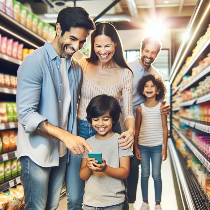 A cheerful family shopping in a bright modern grocery store with sunlit aisles children smiling as they scan food product labels with a smartphone app shelves lined with colorful trending healthy snacks soft pastel colors and a friendly atmosphere of discovery and safety