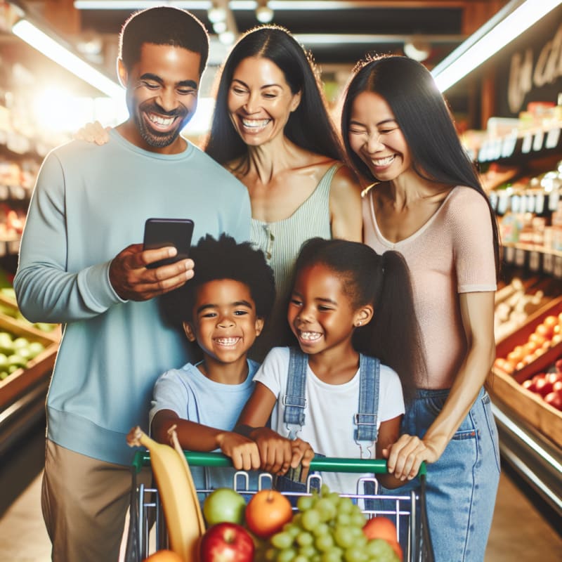A cheerful scene in a sunlit grocery store with a diverse family smiling as they use a smartphone app to scan product labels vibrant fresh fruits and allergy friendly snacks in their cart children happily choosing safe foods shelves stocked with trending healthy products warm natural lighting and soft colors creating a welcoming and empowering atmosphere