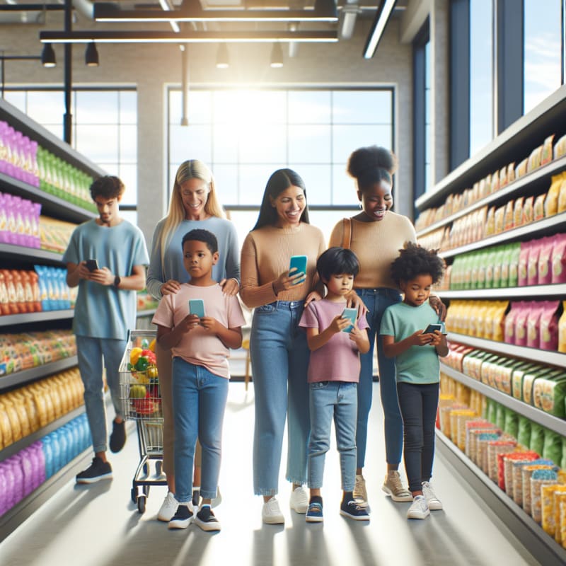 A bright grocery store aisle filled with colorful healthy snack options families and children happily shop together using smartphones to scan product labels natural sunlight streams through large windows soft pastel colors create a welcoming atmosphere everyone looks empowered and relaxed while making safe food choices