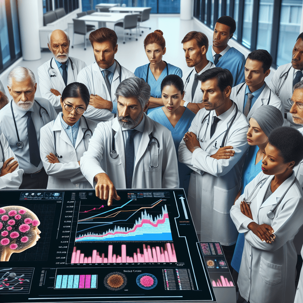 A diverse group of doctors reviewing alarming cancer data charts in a modern hospital setting, highlighting rising cancer rates and urgent concern.